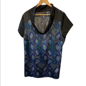 ADDITION ELLE Snakeskin Satin Black & Blue Cowl Neck Short Sleeve Top 16